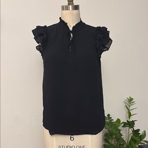 J. Crew Black Ruffled Mandarin Collar Blouse